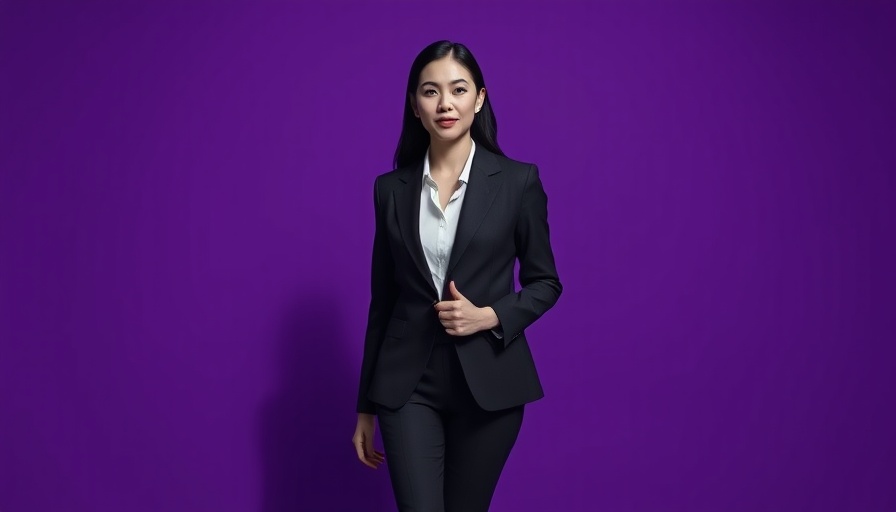 Professional businesswoman walking in a purple environment.