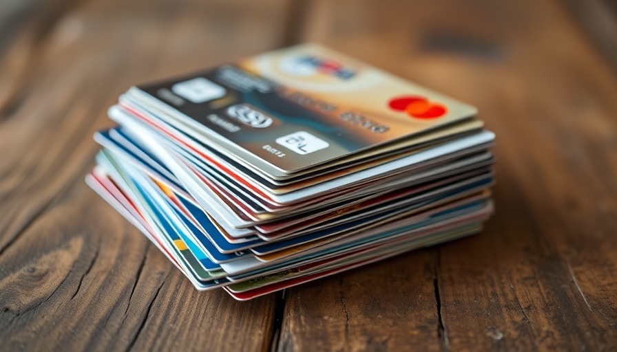 Various business credit cards on a wooden surface