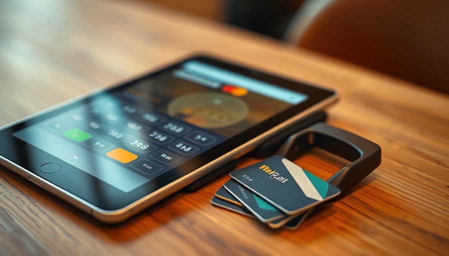 Mobile credit card processing system with cards on table.