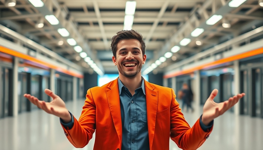 Young person in modern hall with colorful companions