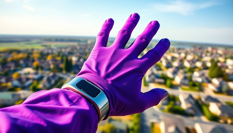 Purple gloved hand with watch above suburb, Clear Cooperation delayed marketing exempt listings.