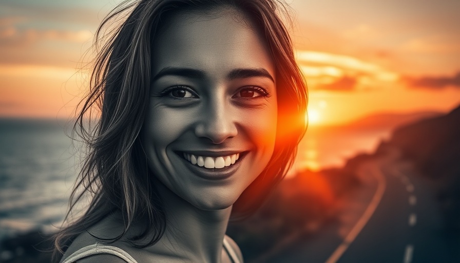Monochrome portrait of woman with sunset road background.