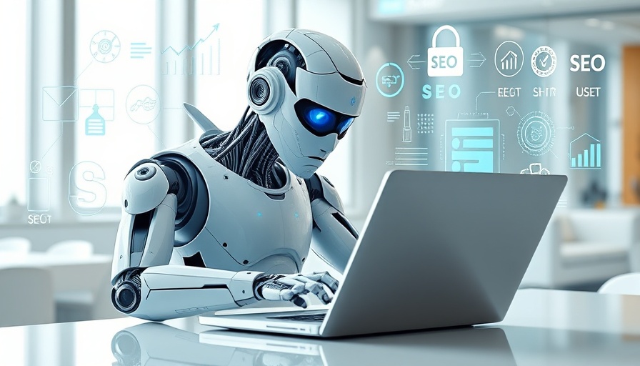 AI search monitoring: humanoid robot using laptop in SEO strategy concept.