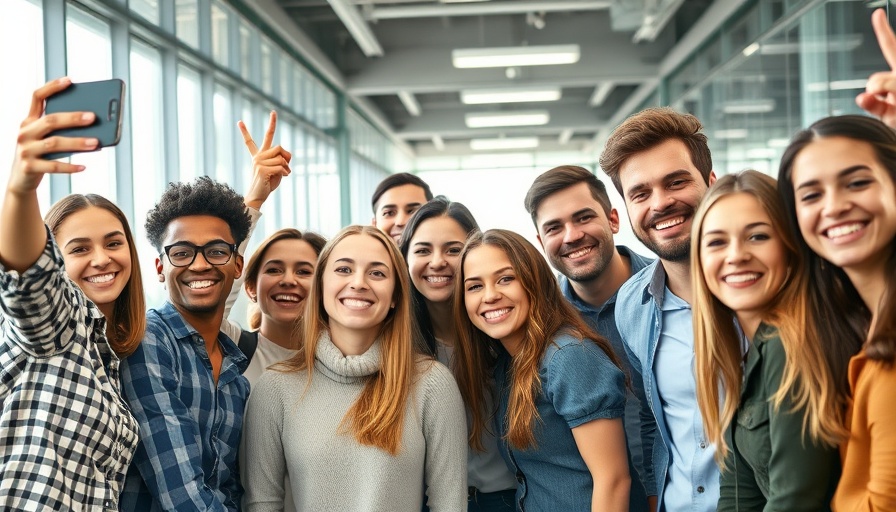 Diverse Gen Z group happily taking a selfie in a modern office.