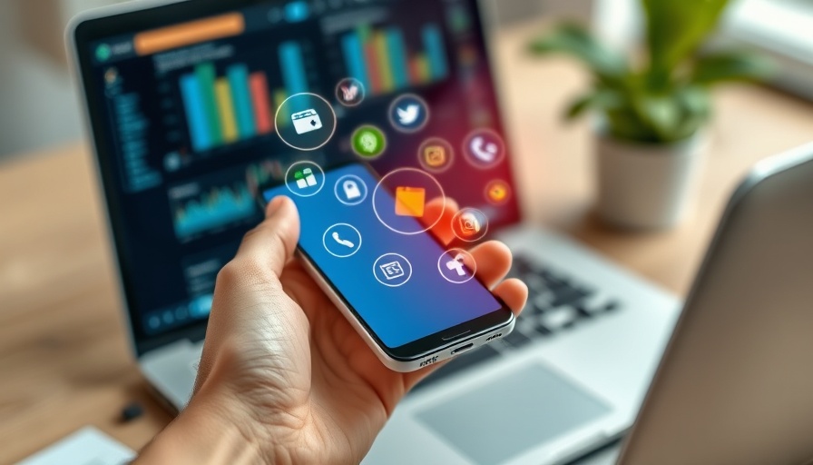 Hands holding smartphone in a modern workspace with digital icons.