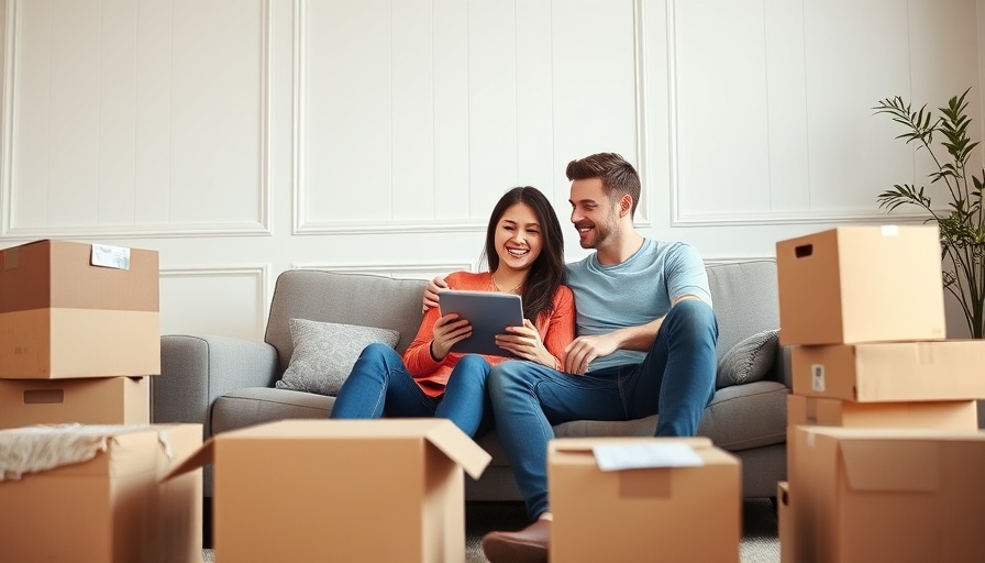 Couple reviewing mortgage rates on tablet with unpacked boxes.