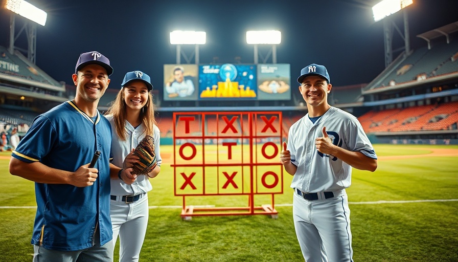 Baseball Tic Tac Toe with smiling athletes on field.