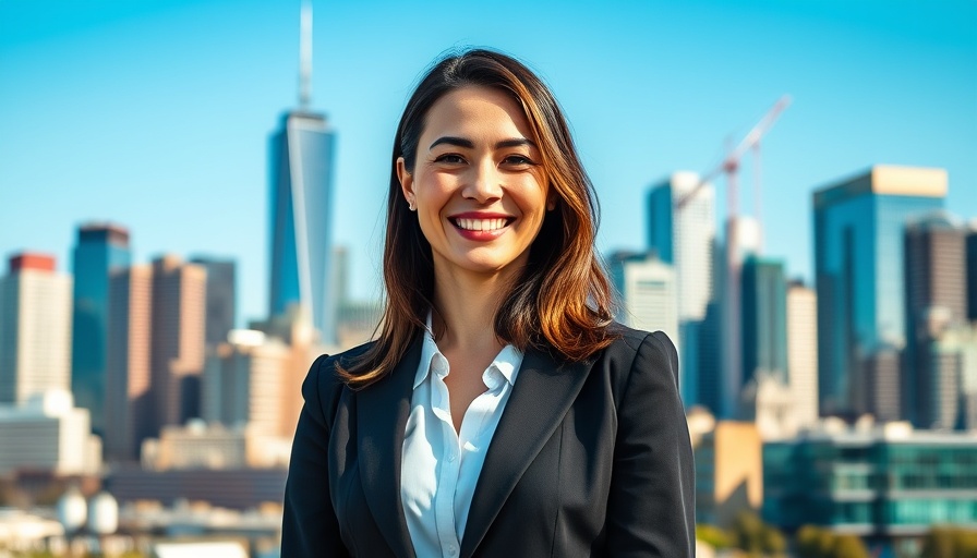 Professional woman in real estate against city skyline.
