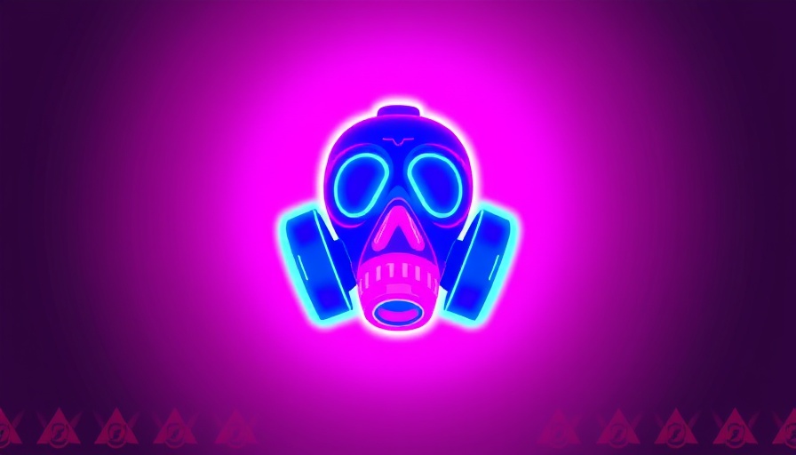 Vivid icon representing alert, purple and pink gas mask, hazard border surrounding.