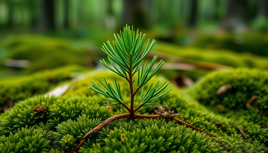 Close-up of pine sapling on mossy forest floor, vibrant growth.