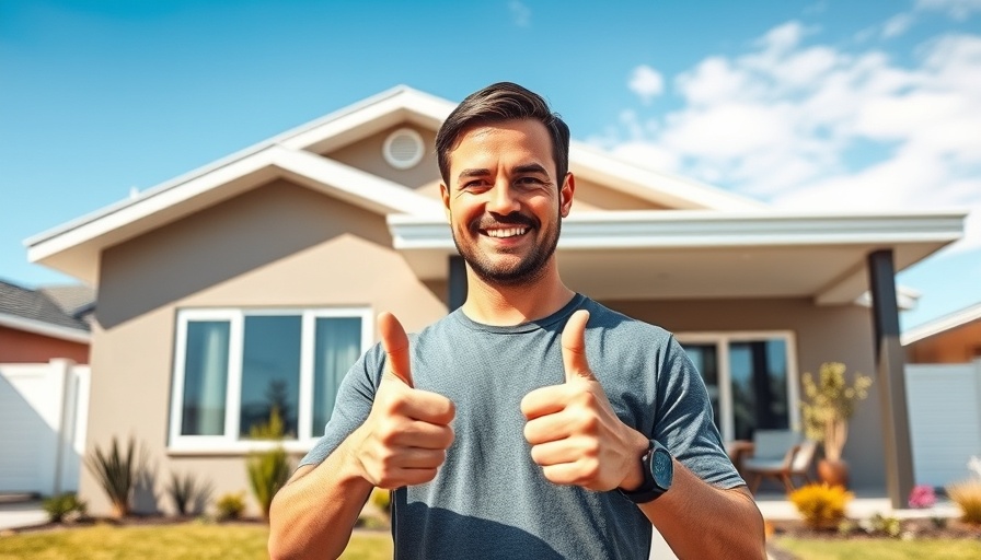 Smiling man in front of house promoting low-risk real estate formula