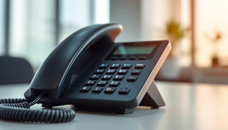 Modern desk phone close-up in office setting.
