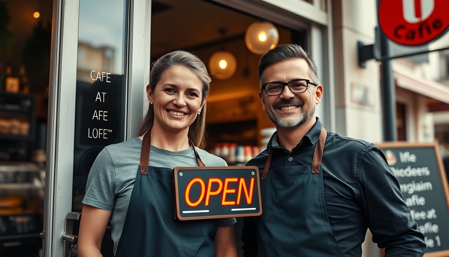 Happy cafe owners standing at entrance, Business Ideas for Beginners 2025.