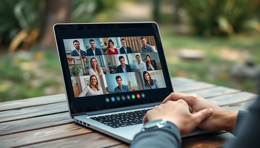 Person attending video conference on laptop outdoors.