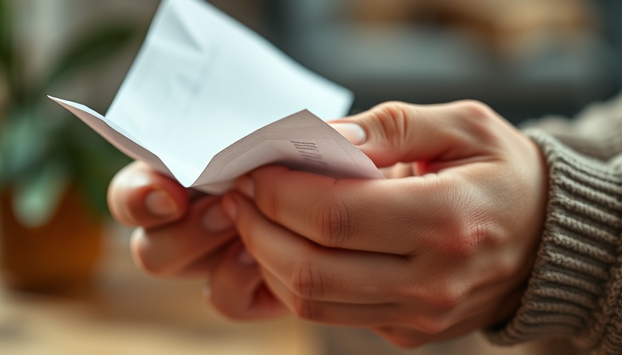 Close-up hands holding a crumpled letter, blurred background.
