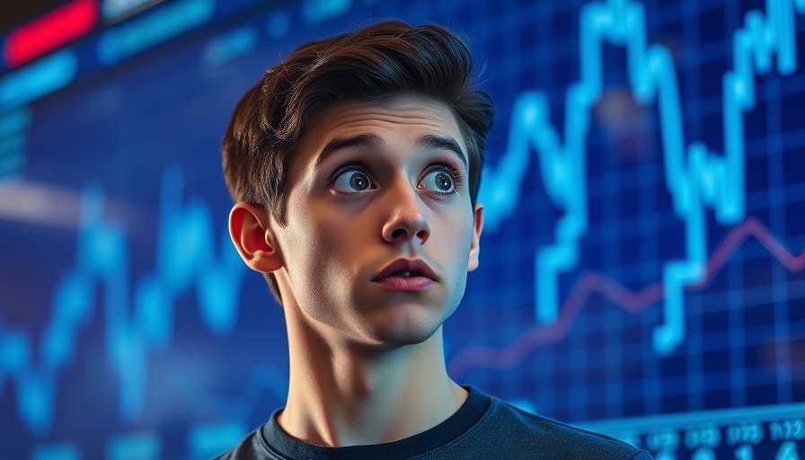 Surprised man with stock graph, cashing out in real estate investments.