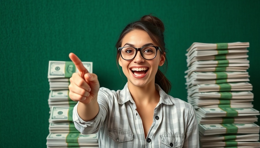 Financial independence highlighted by a woman pointing at money stacks.