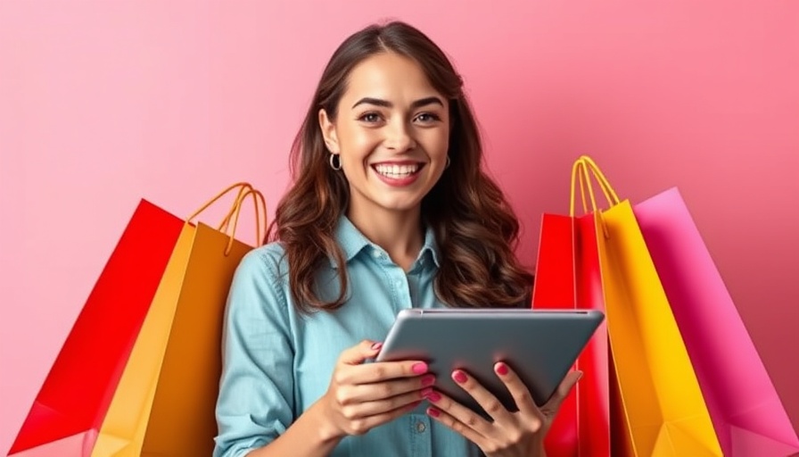 Influencer marketing strategies with smiling woman holding tablet among shopping bags.