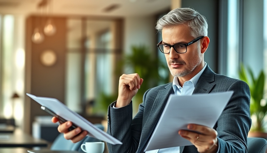 Businessperson reviews ACH loan documents at a modern office desk.