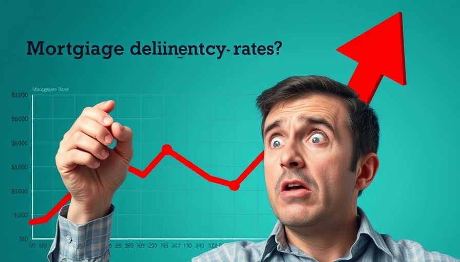 Worried man observing mortgage delinquency rates chart with rising trend.