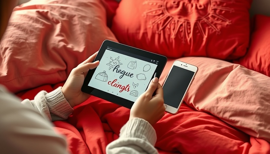 Comfortable scene of using tech on a bed for Etsy Canva templates.