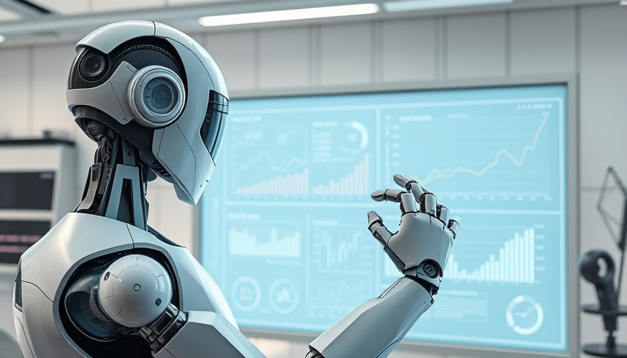 AI SEO Statistics concept with robot analyzing data on whiteboard.