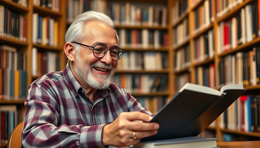 Older man planning in library, book launch marketing plan.