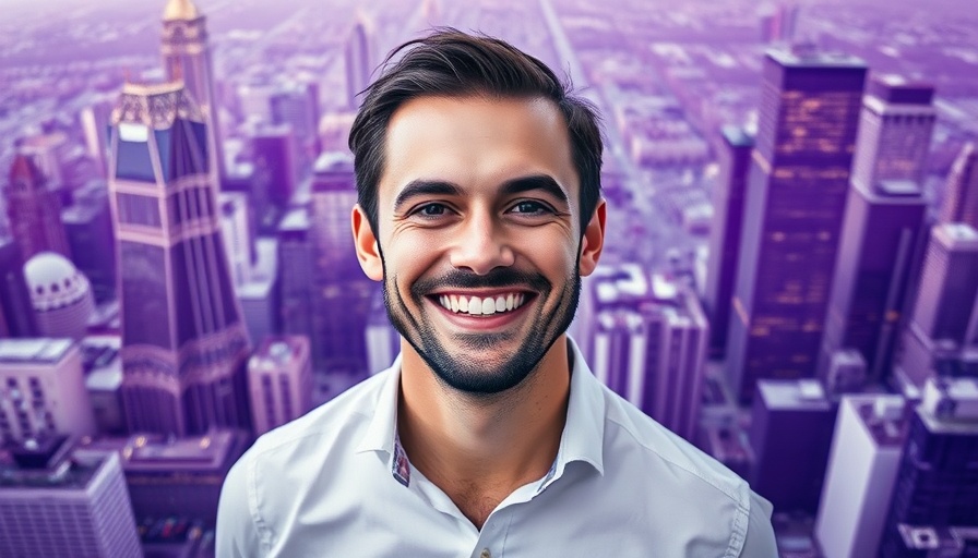 Smiling man in white shirt with abstract purple cityscape.