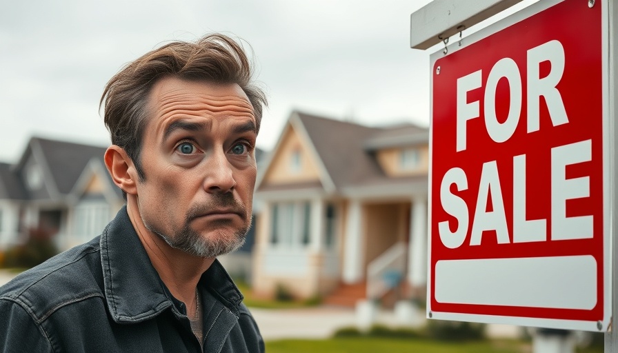 Curious man indicating For Sale sign in a suburban buyer's market.