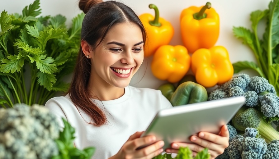 Smiling woman with tablet and vegetables, influencer marketing strategies for vegan brands.