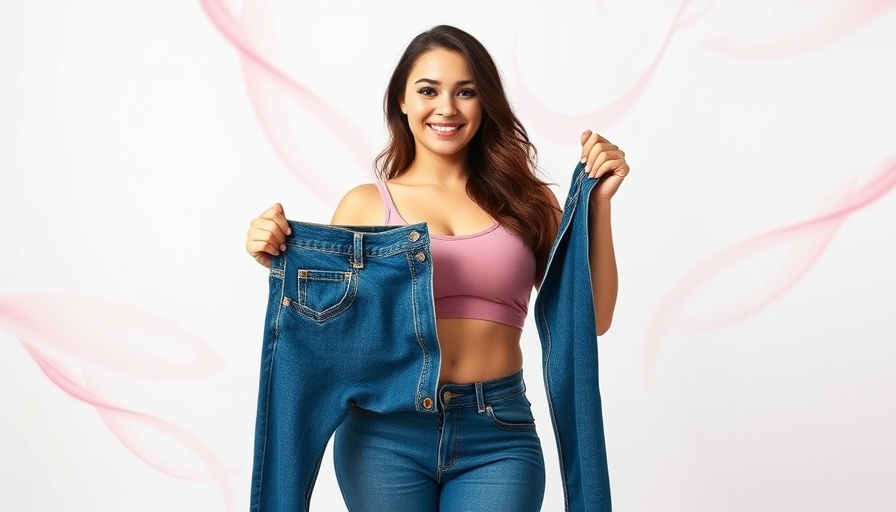 Optimistic woman holding large jeans for weight loss success, bright background.