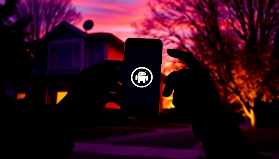 Silhouetted hands holding smartphone display in vibrant purple-orange setting.
