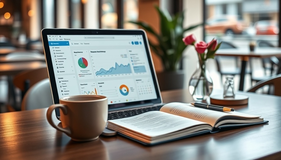 Cozy desk setup with laptop and AI marketing tools, natural light.