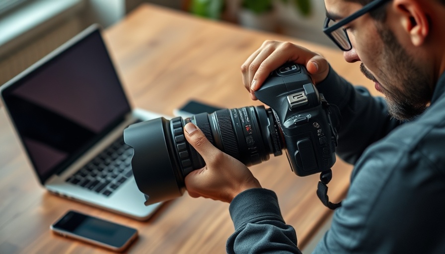 Photographer adjusting camera settings for selling stock photos