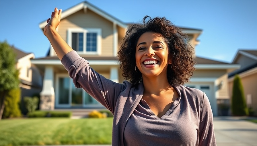 Real Estate Investment Success Story: Smiling woman with modern home backdrop.