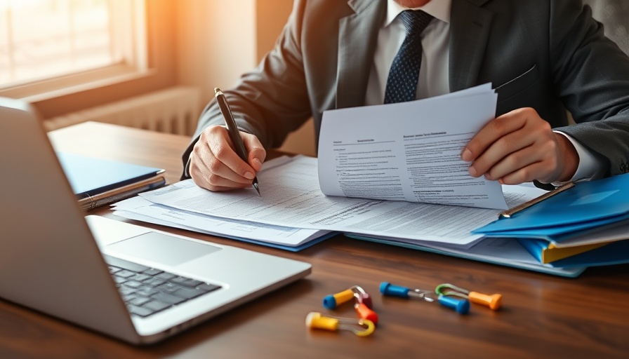 Professional reviewing business insurance papers at desk.