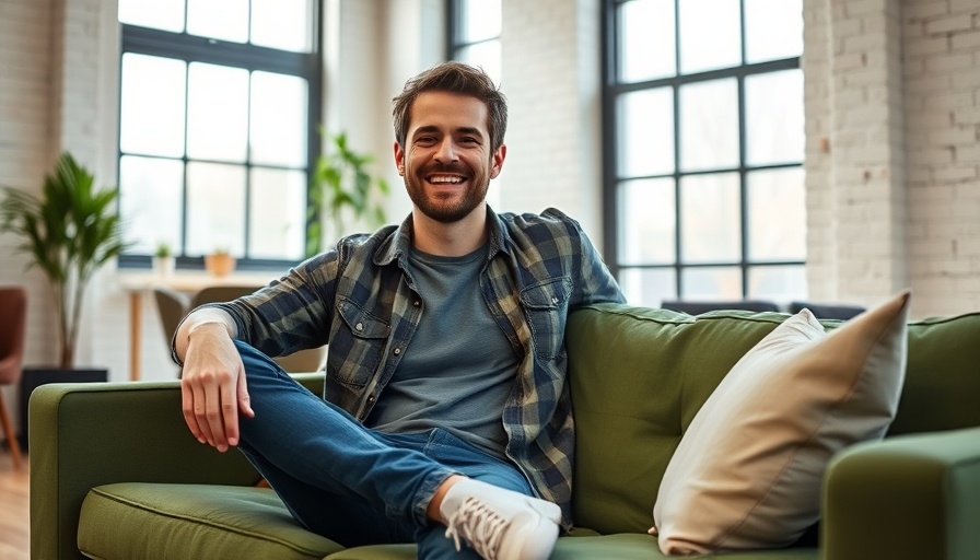 Cheerful man sitting on green couch in modern apartment, natural light.