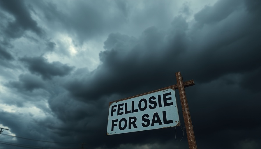 Foreclosure sign under dark clouds symbolizing housing market during recessions.
