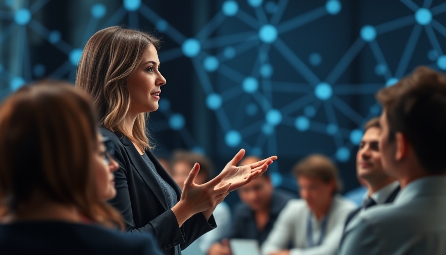 Confident woman presenting in a digital network background.