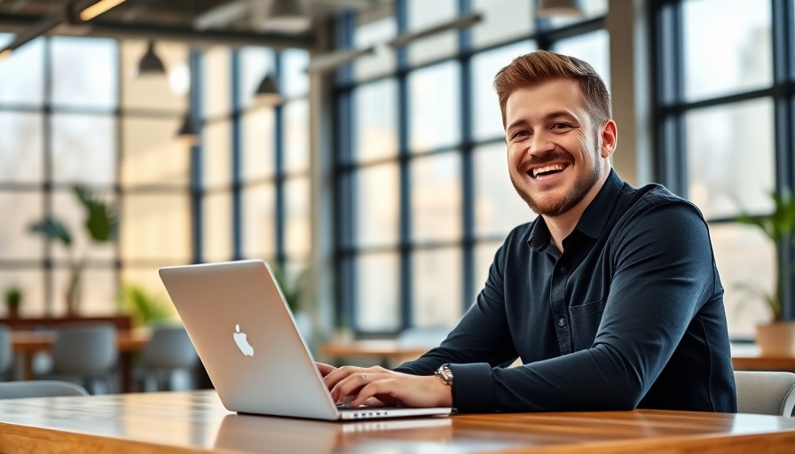 Smiling man working on laptop in bright, modern office.