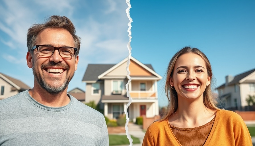 Smiling pair in front of old and renovated house, home renovation permits theme.