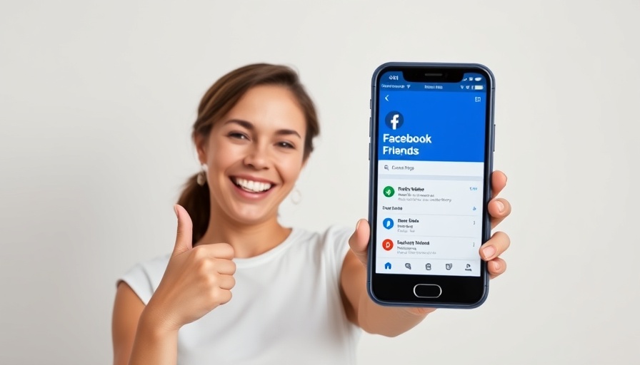 Smiling woman with Facebook interface and Friends Tab display.