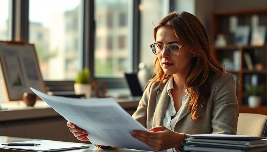Professional woman analyzing property values with documents and a calculator in a bright office setting.