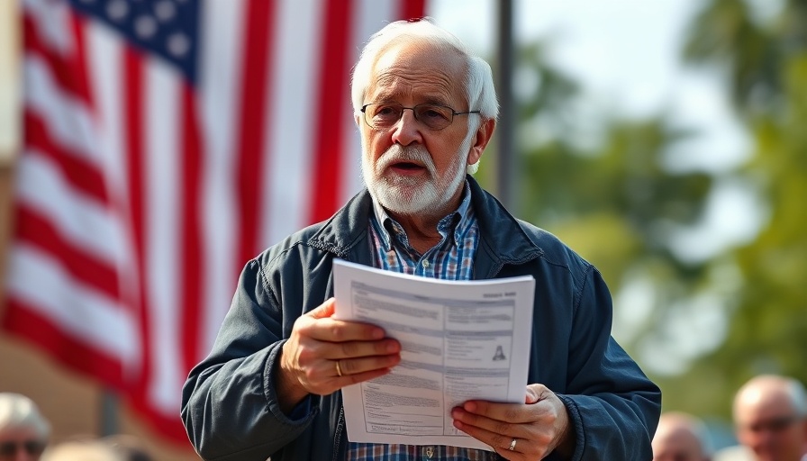 Elderly speaker holds chart in outdoor speech, tariff fears context.