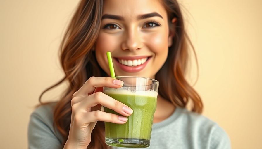 Influencer marketing in food and beverage; smiling woman with green smoothie.