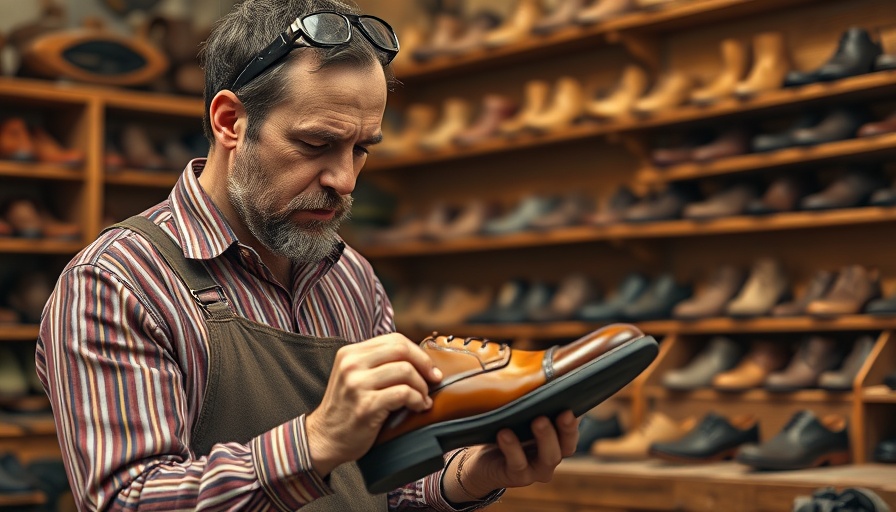 Cobbler in workshop starting a shoe business, assessing a shoe.