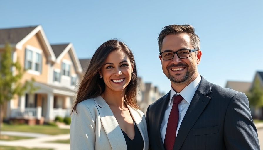 Smiling couple in formal attire in front of multifamily homes