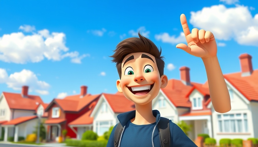 Joyful man in front of suburban houses, real estate investing success stories.