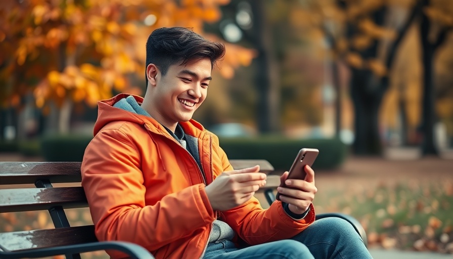 Young man on bench smiling at phone in autumn park