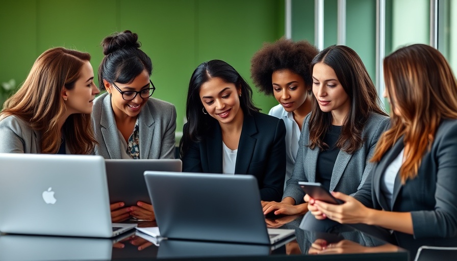 Group of businesswomen discussing business ideas with laptops in office.